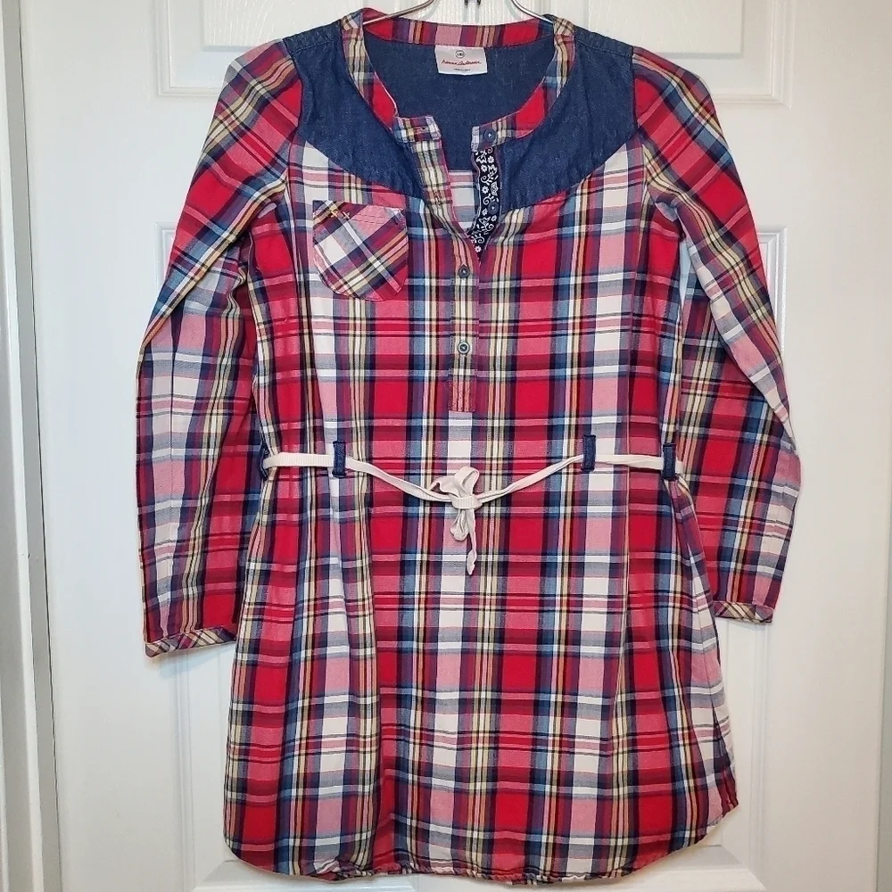 Hanna Andersson Christmas Plaid & Denim Long Sleeved Dress Size 140/US Girl's 10